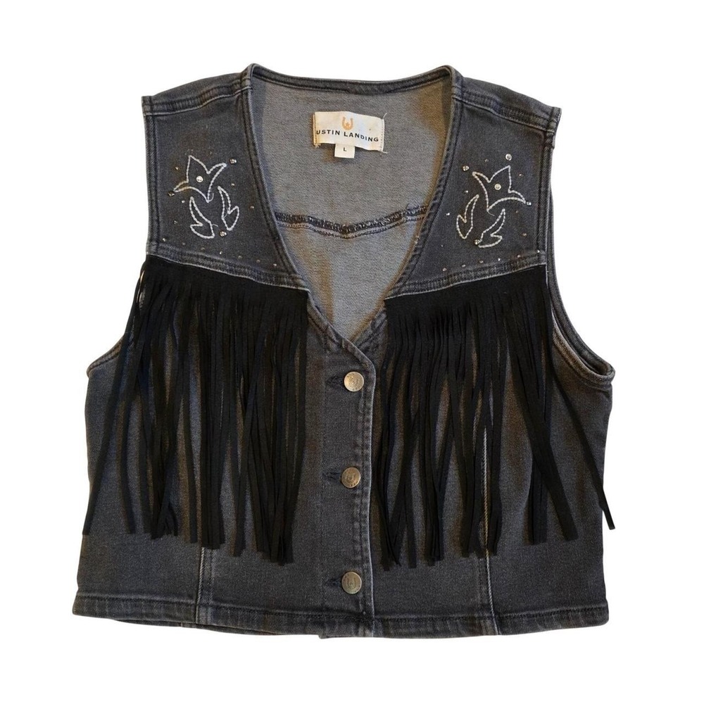 Austin Landing Black Denim Fringe‎ Western Vest Floral Embroidery Rhinestone L
